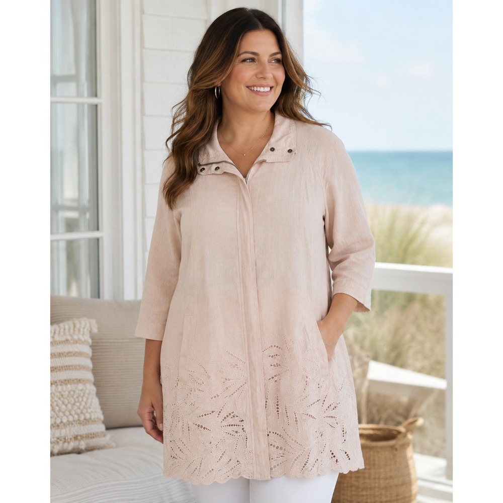 Chico's 100% Linen Jacket Size 3 XL Neutral Eyelet Coastal Tunic